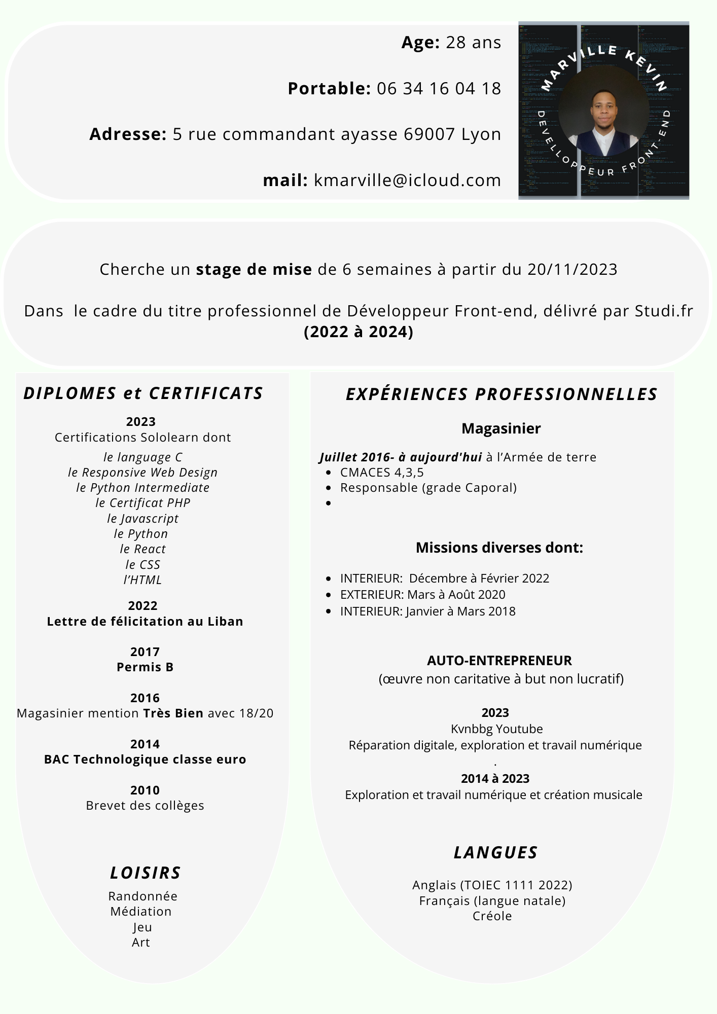 Kevin Marville's Resume in French